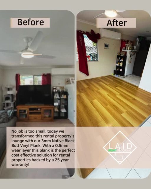 ✨ Before & After ✨No job is too small! Today we transformed this rental property’s lounge with our 3mm Native Black Butt Vinyl Plank. With a tough 0.5mm wear layer and backed by a 25 year warranty, it’s the perfect cost effective solution for rental properties.